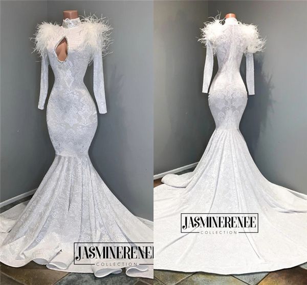 white high neck mermaid prom dresses long sleeves evening gown with feathers formal party dress, Black
white high neck mermaid prom dresses long sleeves evening gown with feathers formal party dress, Black