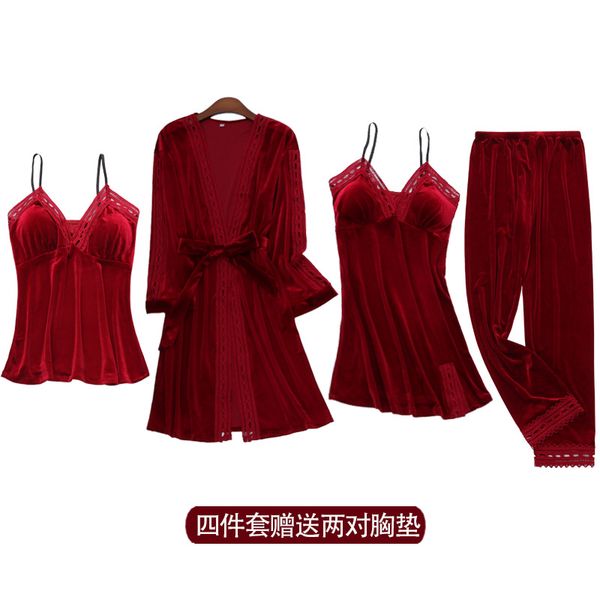 autumn winter pajamas set for women 4 pieces long sleeve bathrobe sleepwear pants velvet pajamas nightwear clothes, Black;red
autumn winter pajamas set for women 4 pieces long sleeve bathrobe sleepwear pants velvet pajamas nightwear clothes, Black;red