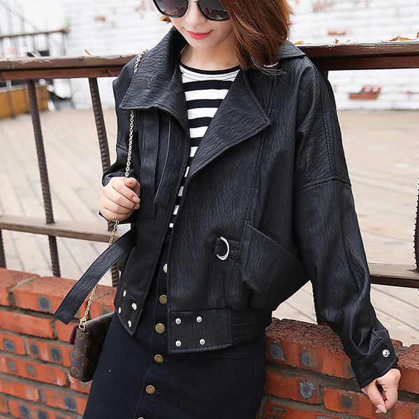 new autumn pu motorcycle faux soft leather women jacket coat turn-down collar long sleeve epaule female loose short jacket, Black
new autumn pu motorcycle faux soft leather women jacket coat turn-down collar long sleeve epaule female loose short jacket, Black