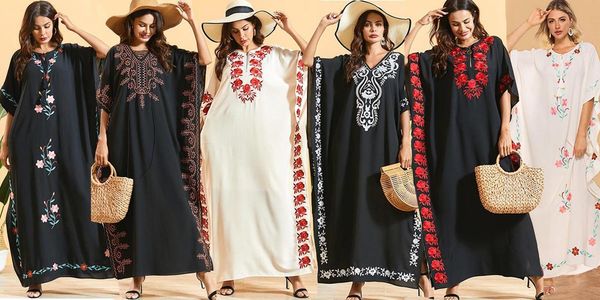 6 style plus size bat sleeve abaya dress white floral embroidery maxi dressing gowns women bohemian dresses summer, Black;gray 
6 style plus size bat sleeve abaya dress white floral embroidery maxi dressing gowns women bohemian dresses summer, Black;gray