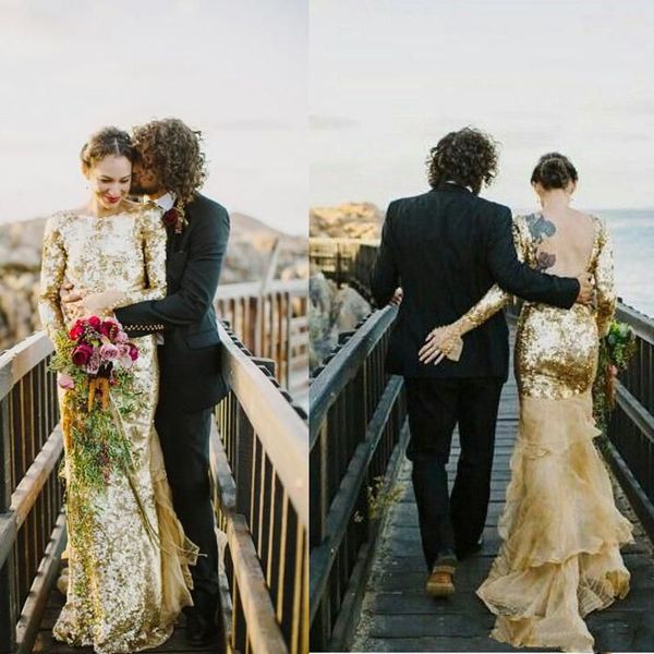 gold sequins sparkly wedding dresses long sleeves mermaid bridal gown with tiered champagne tull train backless wedding dress, White
gold sequins sparkly wedding dresses long sleeves mermaid bridal gown with tiered champagne tull train backless wedding dress, White