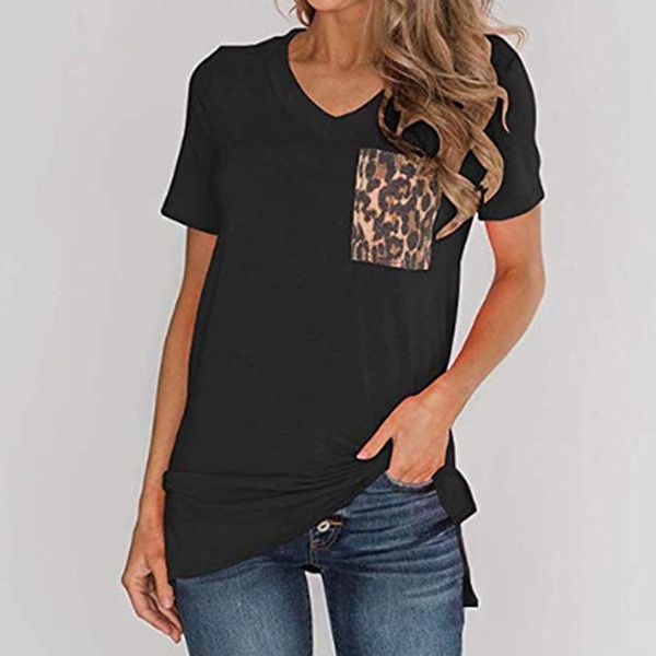 women's summer t-shirt short sleeves v-neck patchwork leopard shirt pocket basic female t shirt, White
women's summer t-shirt short sleeves v-neck patchwork leopard shirt pocket basic female t shirt, White