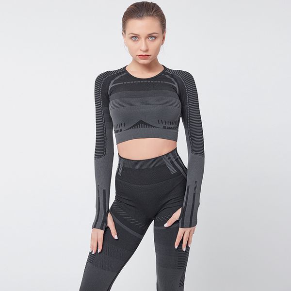 2pcs seamless set of female yoga clothing fitness workout pant long sleeve crop shirts running gym leggings sports suits, Gray
2pcs seamless set of female yoga clothing fitness workout pant long sleeve crop shirts running gym leggings sports suits, Gray