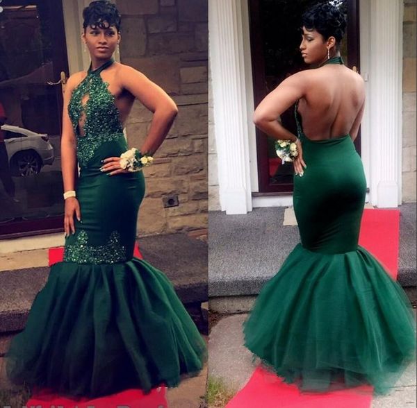 Dark Green Black Girls Prom Dresses Halter Keyhole Neck Lace Appliques Long Mermaid Dresses Evening Wear Formal Gown