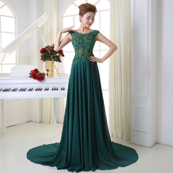 new green chiffon lace applique word shoulder bridesmaid dresses long tail back small hollow bandage evening dresses, Black;red
new green chiffon lace applique word shoulder bridesmaid dresses long tail back small hollow bandage evening dresses, Black;red