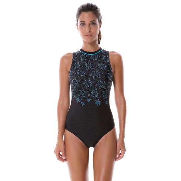women's printed high neck athletic training with zipper one piece swimsuit swimwear, White;black
women's printed high neck athletic training with zipper one piece swimsuit swimwear, White;black