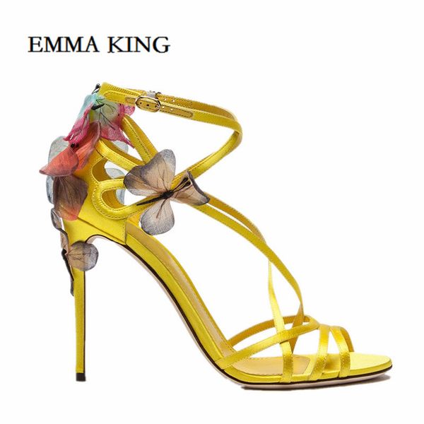 gold 3d butterfly flower women sandals gladiator high heels stiletto women summer shoes wedding party high heel sandalias mujer, Black