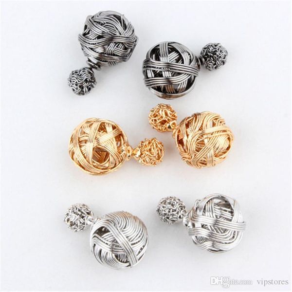 3 color metal wire drawing hollow double sides two gold ball stud earrings fashion women ear studs jewelry, Golden;silver
3 color metal wire drawing hollow double sides two gold ball stud earrings fashion women ear studs jewelry, Golden;silver