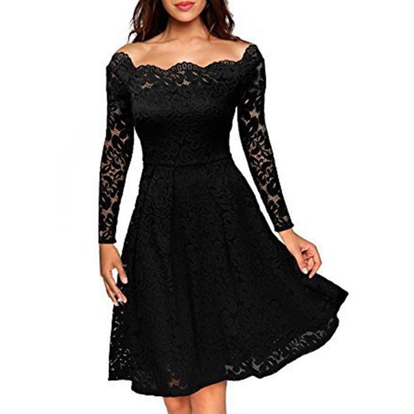 women's fashion dress slim lace off-shoulder big swing evening party dress ladies vestidos, Black;gray
women's fashion dress slim lace off-shoulder big swing evening party dress ladies vestidos, Black;gray