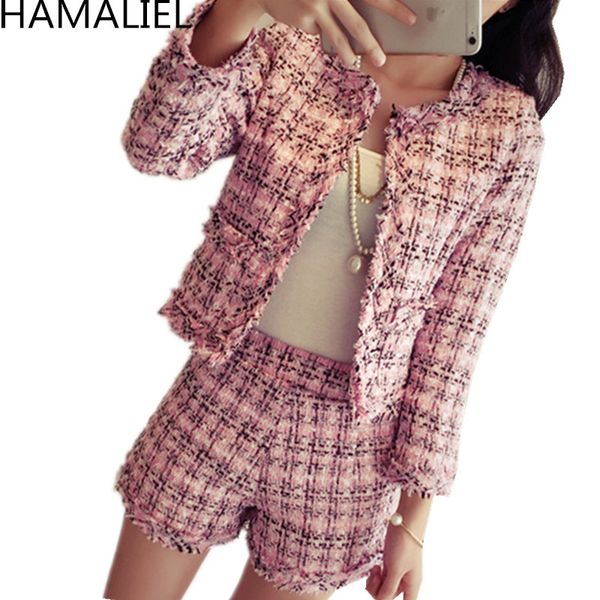 hamaliel s-xxl plus size autumn winter women tweed 2 piece set 2019 fashion slim pink plaid tassel jacket coat + short suits y200110, White 
hamaliel s-xxl plus size autumn winter women tweed 2 piece set 2019 fashion slim pink plaid tassel jacket coat + short suits y200110, White