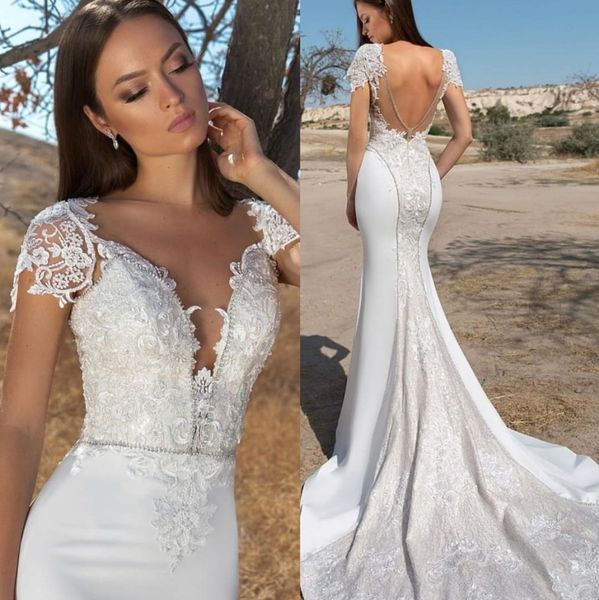 graceful mermaid lace backless wedding dresses sheer plunging neck beaded bridal gowns cap sleeves trumpet robe de mariée, White
graceful mermaid lace backless wedding dresses sheer plunging neck beaded bridal gowns cap sleeves trumpet robe de mariée, White