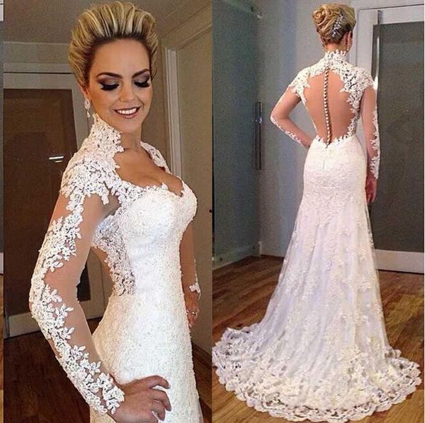 Vintage Lace Wedding Dresses Mermaid Style High Neck Illusion Sweep Train Wedding Gowns Covered Button Back Elegant Bridal Dress
Vintage Lace Wedding Dresses Mermaid Style High Neck Illusion Sweep Train Wedding Gowns Covered Button Back Elegant Bridal Dress