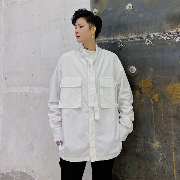 men stand collar tie long sleeve casual shirt male streetstyle fashion retro dress shirts, White;black
men stand collar tie long sleeve casual shirt male streetstyle fashion retro dress shirts, White;black