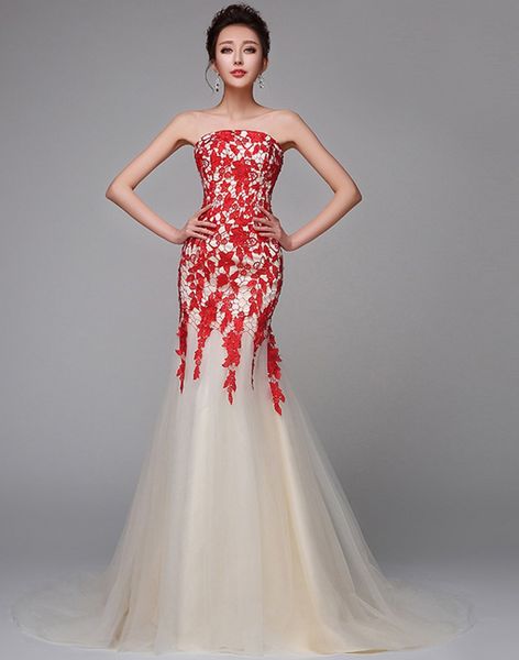 custom made new champagne long party dresses fashion red lace fishtail slim sleeveless evening dresses, Black;red
custom made new champagne long party dresses fashion red lace fishtail slim sleeveless evening dresses, Black;red