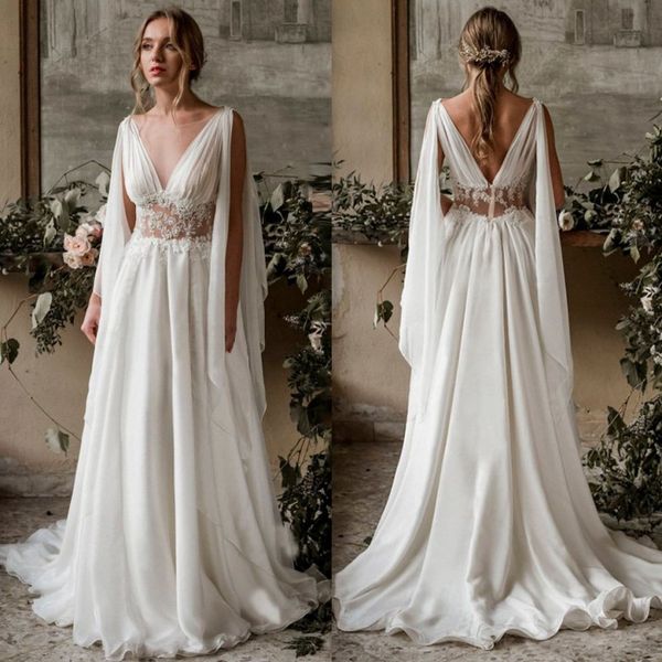 beach chiffon backless wedding dresses sheer v neck appliqued bridal gowns a line sweep train bohemian vestido de novia, White
beach chiffon backless wedding dresses sheer v neck appliqued bridal gowns a line sweep train bohemian vestido de novia, White
