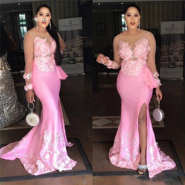 2020 pink mermaid side split prom dresses sheer neck long sleeves satin evening gowns appliques party gowns custom made, Black
2020 pink mermaid side split prom dresses sheer neck long sleeves satin evening gowns appliques party gowns custom made, Black