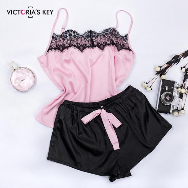 victoria's key floral lace pink cami pajama set women black short set 2019 autumn casual nightwear femme satin sleepwear, Black;red
victoria's key floral lace pink cami pajama set women black short set 2019 autumn casual nightwear femme satin sleepwear, Black;red