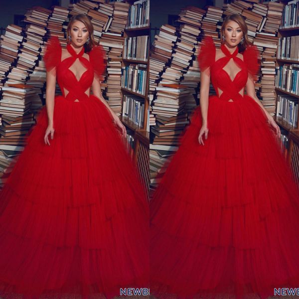red evening dresses halter a line tulle tiered skirts sweep train gorgeous prom dress party wear custom made red carpet gowns, Black;red
red evening dresses halter a line tulle tiered skirts sweep train gorgeous prom dress party wear custom made red carpet gowns, Black;red