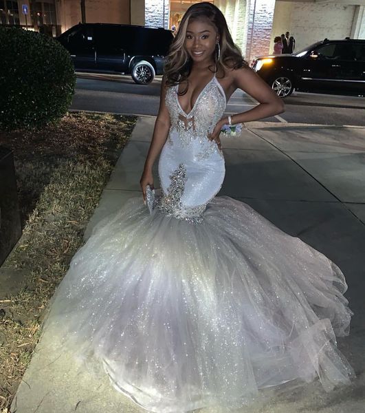 sparkly beaded mermaid prom dresses halter deep v neck sequined evening gowns plus size sweep train tulle formal dress, Black
sparkly beaded mermaid prom dresses halter deep v neck sequined evening gowns plus size sweep train tulle formal dress, Black