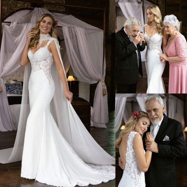 stunning mermaid lace backless wedding dresses with cape v neck beaded bridal gowns sweep train appliqued trumpet robe de mariée, White
stunning mermaid lace backless wedding dresses with cape v neck beaded bridal gowns sweep train appliqued trumpet robe de mariée, White