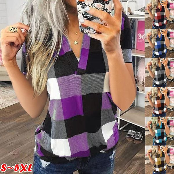 women's t-shirt ladies summer casual plaid print stitching color short-sleeved v-neck loose fitting tunic, White
women's t-shirt ladies summer casual plaid print stitching color short-sleeved v-neck loose fitting tunic, White