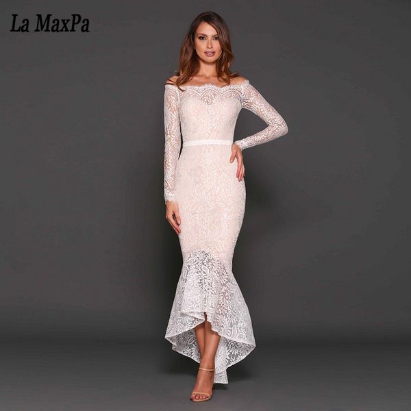 summer new women long sleeve slash neck lace dress sheath evening party elegant print white mermaid dresses vestidos, Black;pink