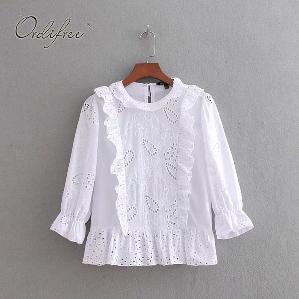 ordi2019 summer women white embroidery blouse lace shirt female blouse top