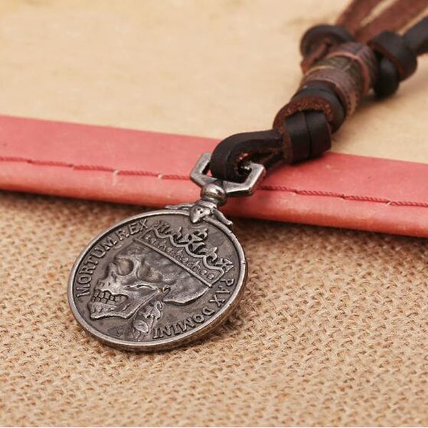 new male leather skull necklaces 100% genuine cowhide men's posthumous service medal mortumrex pax domini pendent jewelry, Silver
new male leather skull necklaces 100% genuine cowhide men's posthumous service medal mortumrex pax domini pendent jewelry, Silver