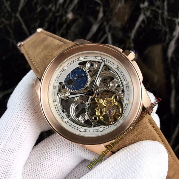 New 40mm CALIBRE Moon Phase Tourbillon White Hollow Skeleton Dial Automatic Mechanical Mens Watch Rose Gold Case Leather Strap Brand Watches
New 40mm CALIBRE Moon Phase Tourbillon White Hollow Skeleton Dial Automatic Mechanical Mens Watch Rose Gold Case Leather Strap Brand Watches