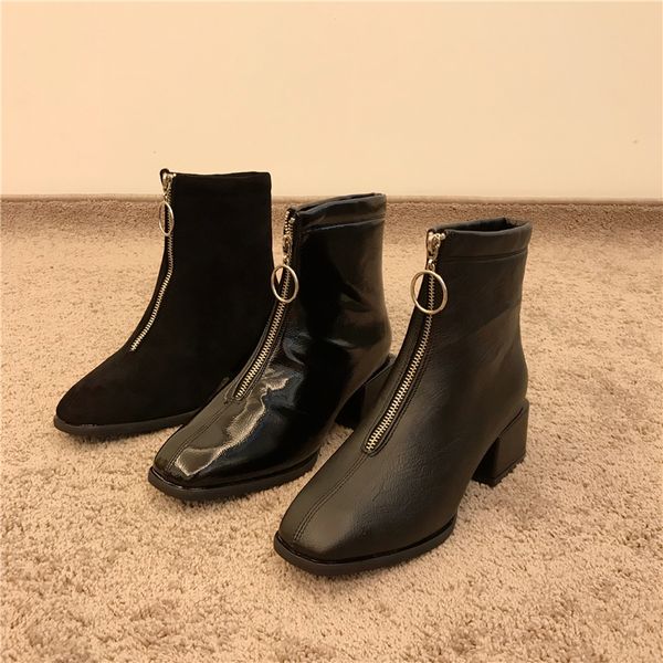 chunky heel shoes women's rubber boots luxury designer booties ladies bootee woman 2019 zipper round toe rain fashion high heel, Black
