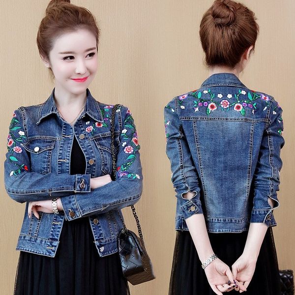 women floral embroidery denim coat elegant single breasted slim jeans jacket spring basic short denim outwear, Black;brown
women floral embroidery denim coat elegant single breasted slim jeans jacket spring basic short denim outwear, Black;brown