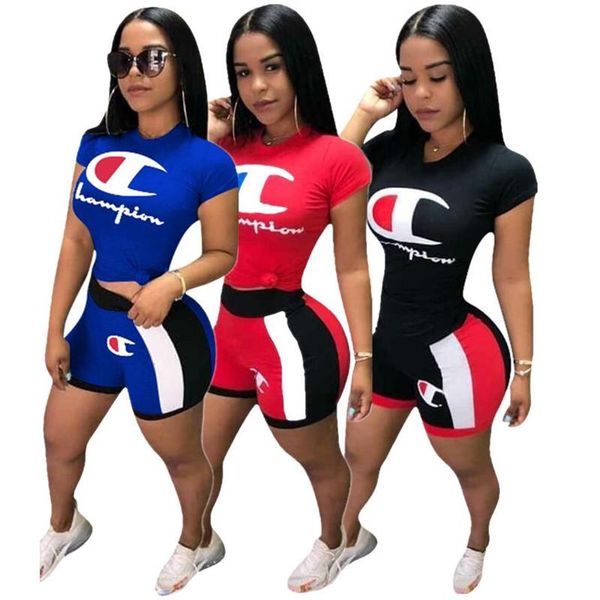women champions letter print tracksuit short sleeve t shirt + shorts color match 2pcs set outfits sports patchwork designer suit, White
women champions letter print tracksuit short sleeve t shirt + shorts color match 2pcs set outfits sports patchwork designer suit, White
