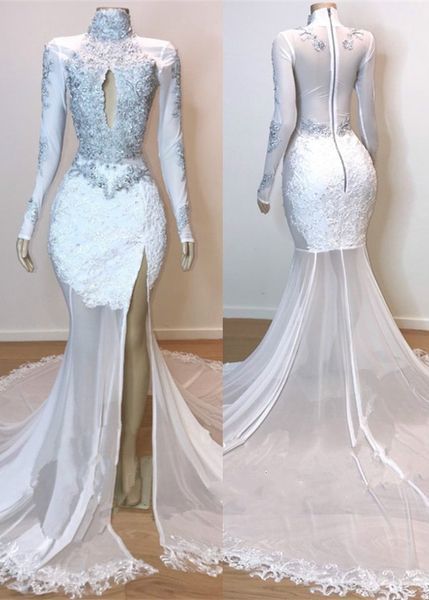 2019 white prom dresses lace appliqued beads high neck side split mermaid evening dress sweep train custom made formal party gowns, Black
2019 white prom dresses lace appliqued beads high neck side split mermaid evening dress sweep train custom made formal party gowns, Black