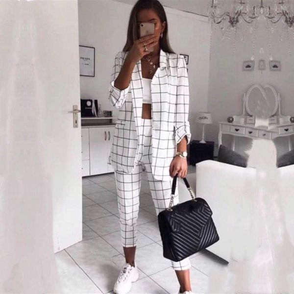 taovk office lady plaid work pant suits notched collar blazers and pants women autumn two piece suits, White
taovk office lady plaid work pant suits notched collar blazers and pants women autumn two piece suits, White