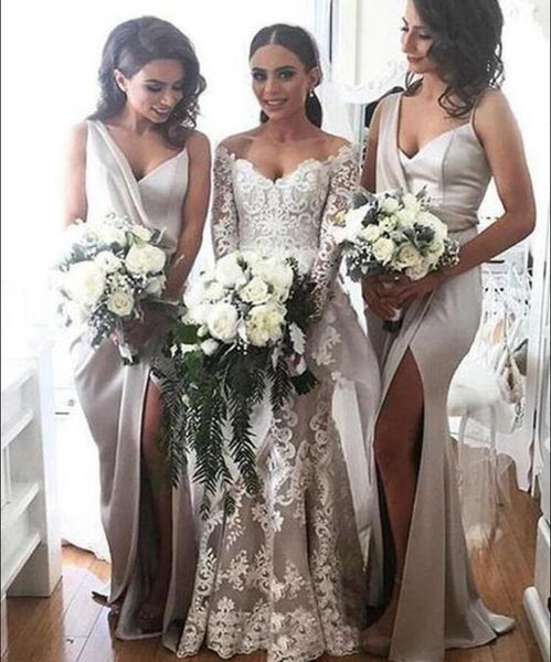 v neck satin mermaid bridesmaid dresses 2020 ruched high split floor length wedding guest party bridesmaids of honor dresses, White;pink
v neck satin mermaid bridesmaid dresses 2020 ruched high split floor length wedding guest party bridesmaids of honor dresses, White;pink