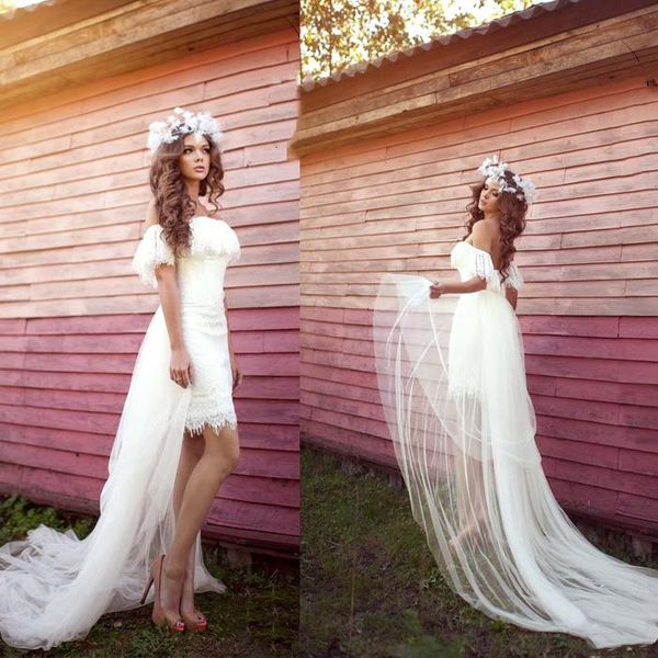 short front long back boho wedding dresses off shoulder lace mini dress tulle train bohemian bridal gowns custom size, White
short front long back boho wedding dresses off shoulder lace mini dress tulle train bohemian bridal gowns custom size, White