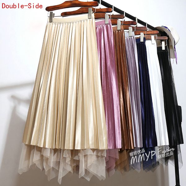 2019 spring autumn irregular tulle patchwork pleated satin long skirt double-side wear mesh pleuche high low a-line long skirts, Black
2019 spring autumn irregular tulle patchwork pleated satin long skirt double-side wear mesh pleuche high low a-line long skirts, Black