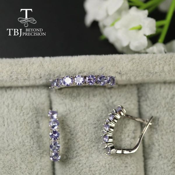 tbj natural tanzanite jewelry set small size round 3mm ring earring natural blue tanzanite ring earring 925 sterling silver, Black