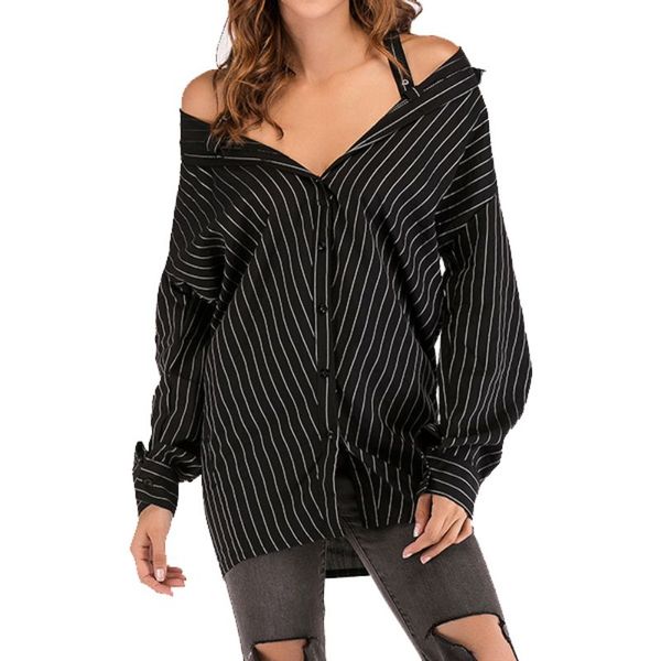 fashion vertical stripe blouse off shoulder fall clothes women long sleeve shirt female's black strap blouse, White
fashion vertical stripe blouse off shoulder fall clothes women long sleeve shirt female's black strap blouse, White