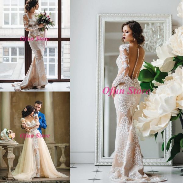 champagne mermaid wedding dress sweetheart long sleeve covered button lace long bridal gowns with tulle detachable skirt, White
champagne mermaid wedding dress sweetheart long sleeve covered button lace long bridal gowns with tulle detachable skirt, White