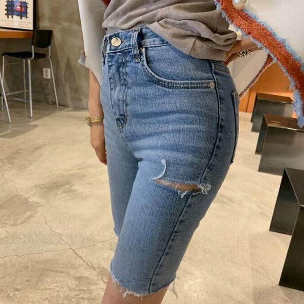 new design women's summer bodycon tunic slim waist denim jeans ripped holes patchwork knee length fifth pants half long trousers, Blue
new design women's summer bodycon tunic slim waist denim jeans ripped holes patchwork knee length fifth pants half long trousers, Blue