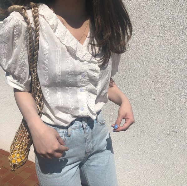 curly ruched white blouse flower hollow out crochet shirt women puff sleeve kawaii chemise femme chemisier blusa mujer
curly ruched white blouse flower hollow out crochet shirt women puff sleeve kawaii chemise femme chemisier blusa mujer