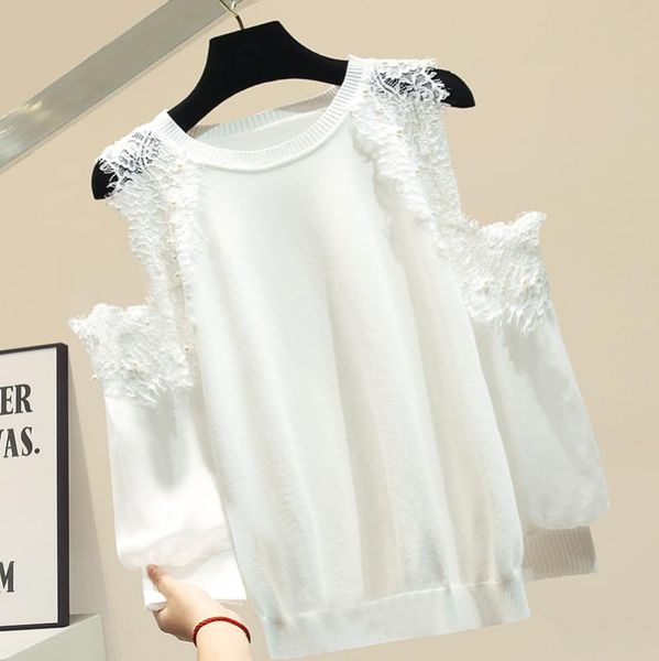 spring clothing woman lace off shoulder knitted blouse women's thin off-shoulder lantern sleeve loose-fit pull femme, White
spring clothing woman lace off shoulder knitted blouse women's thin off-shoulder lantern sleeve loose-fit pull femme, White