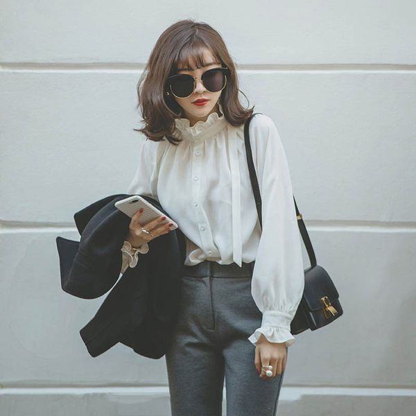 spring new solid color ruffles украшения блуза vintage style стенд воротник с длинным рукавом женская рубашка, White
spring new solid color ruffles украшения блуза vintage style стенд воротник с длинным рукавом женская рубашка, White
