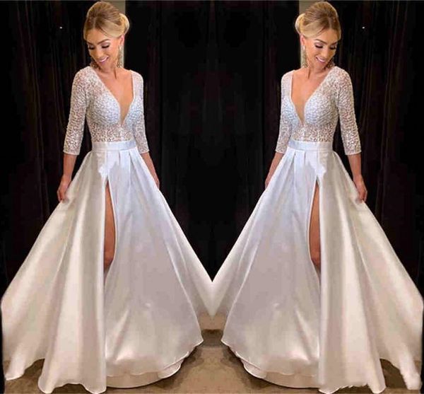 2019 fashion deep v neck wedding dress 3/4 sleeves see through a line high split bridal gowns customize plus size, White
2019 fashion deep v neck wedding dress 3/4 sleeves see through a line high split bridal gowns customize plus size, White