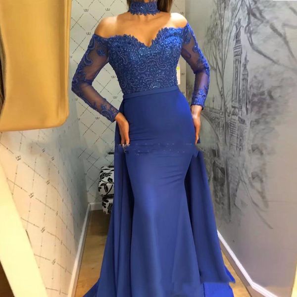Sexy Off Shoulder Royal Blue Long Mermaid Prom Dresses Long Sleeve 2019 Lace Applique Beaded Formal Party Dresses Abiye Party Dresses
Sexy Off Shoulder Royal Blue Long Mermaid Prom Dresses Long Sleeve 2019 Lace Applique Beaded Formal Party Dresses Abiye Party Dresses