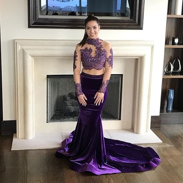 purple velvet prom dresses long high neck sheer tulle long sleeve prom gowns appliques sequins two piece graduation gowns, Black
purple velvet prom dresses long high neck sheer tulle long sleeve prom gowns appliques sequins two piece graduation gowns, Black