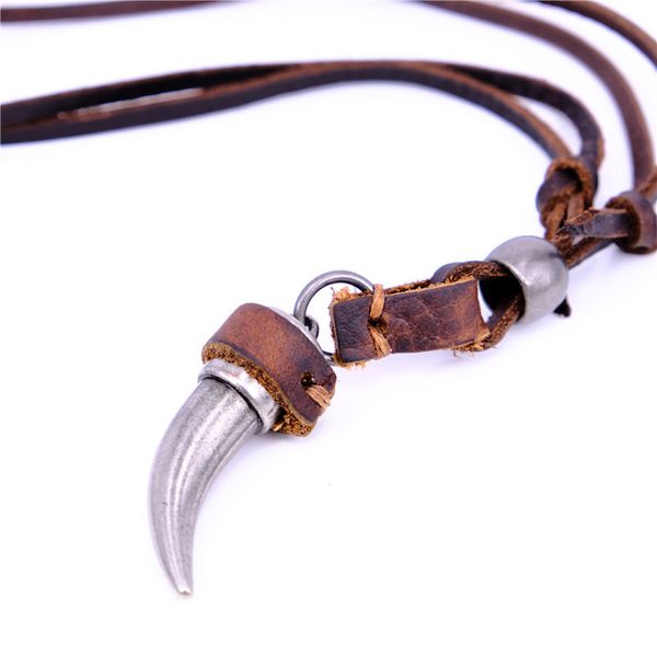 niuyitid horn pendant necklace men brown genuine leather necklace jewellery manmade ethnic charm accessories drop shipping, Silver