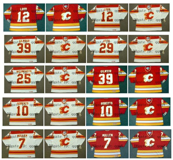 

vintage calgary flames jersey 25 joe nieuwendyk 39 doug gilmour 12 hakan loob 29 joel otto 10 gary roberts 19 tim hunter 7 joe mullen hockey, Black;red