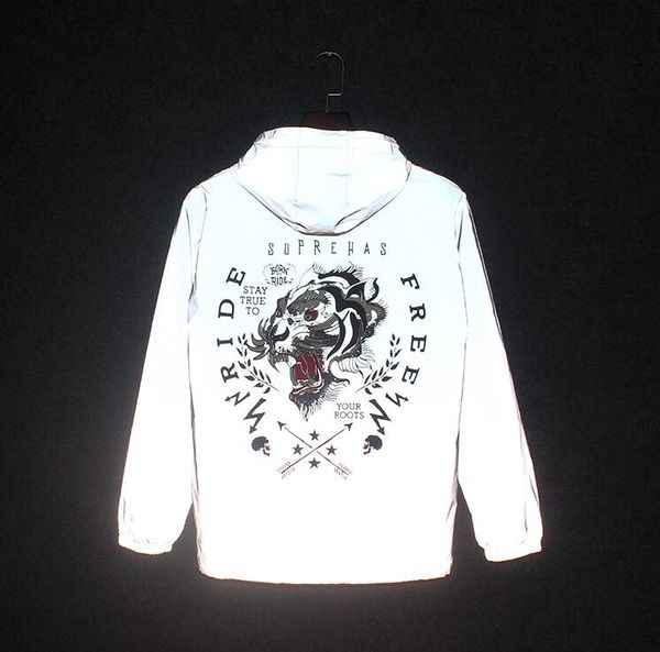 Autumn Spring Windbreaker 3M Reflective Jacket Men Hip Hop Clothes Hooded Coat Waterproof Zipper Men tiger Coats Outwear